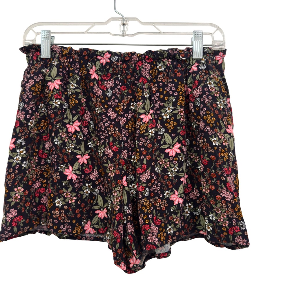 LOFT Shorts XS Black Pink Ditsy Floral Viscose Paperbag Waist Cottagecore Boho